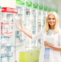 a pharmacist showing off a pharmacy